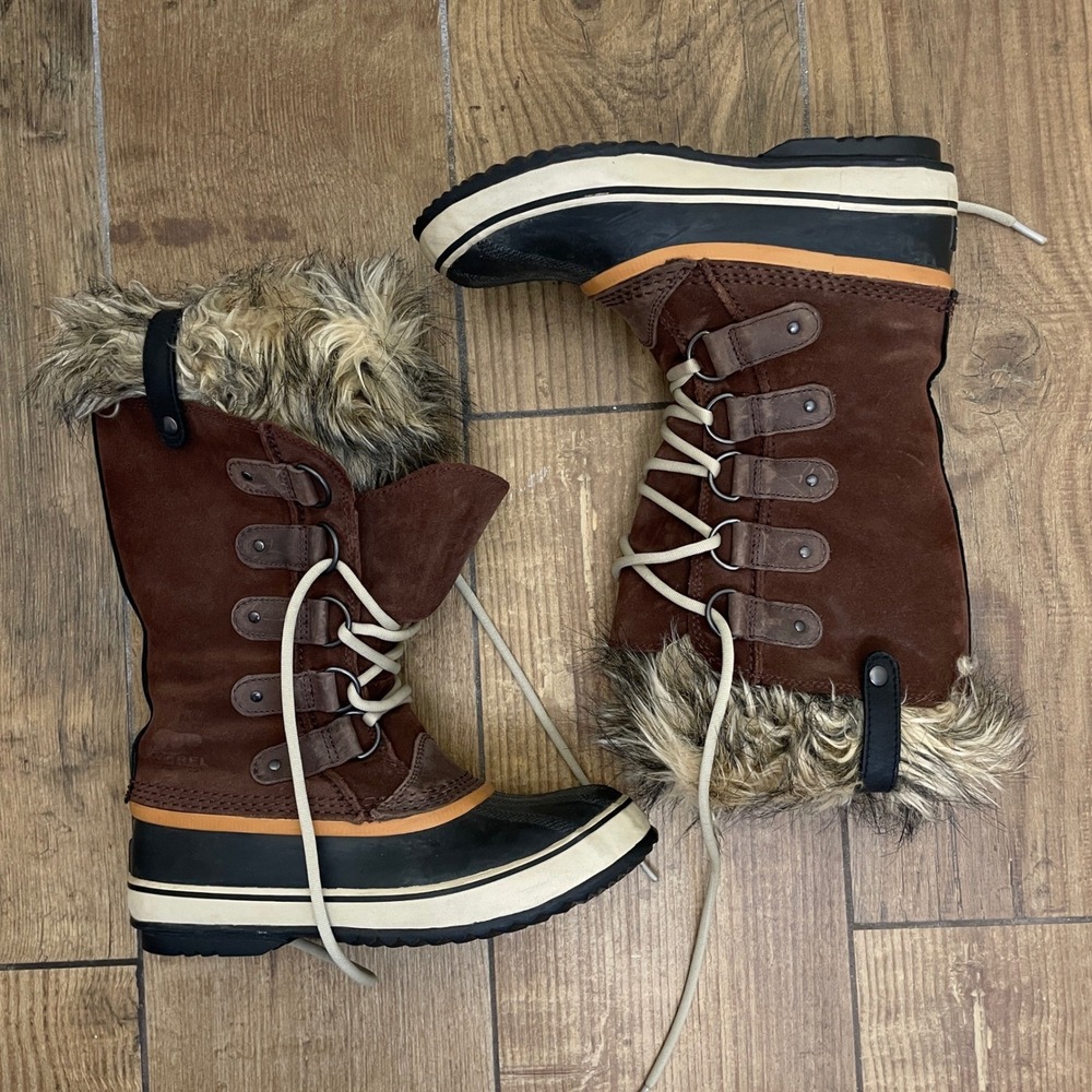 Sorel Joan of Arctic Boots Brown Waterproof Faux Fur Winter Snow Cabin Sz 7.5